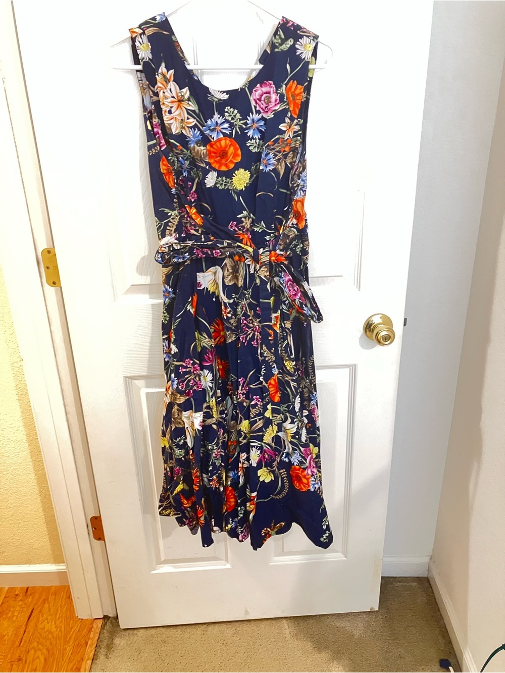 Uttam London Navy Floral Midi Dress with Tie Waist